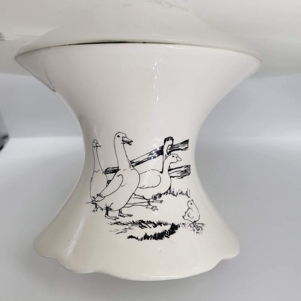Barnyard Toile Cake Stand Plate Andrea by Sadek 13" Diameter Rooster Goose Hen - Picture 3 of 12